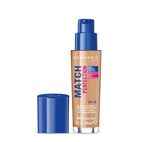 Rimmel Match Perfection Foundation 400 Natural Beige, Medium Coverage, 24hr Hydration, No Caking or Creasing, Lightweight, Reduces Imperfections, Invisible Coverage, SPF20, Cruelty Free