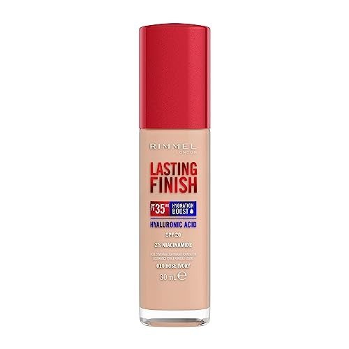 Rimmel Lasting Finish 35Hr Foundation 010 Rose Ivory, Full Coverage, Hydrating, SPF20, Hyaluronic Acid, Vitamin E, 2% Niacinamide, All Day Wear, Vegan, Cruelty Free