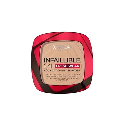 L'Oreal Paris Infallible 24H Fresh Wear Foundation in a Powder, Full-coverage, Longwear, Weightless Smooth Finish, Water-proof and Transfer-proof, 130 True Beige