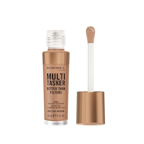 Rimmel Multi Tasker Better Than Filters, 3 in 1 skin primer, glow booster, and highlighter for a natural smooth glow, Infused with Vitamins C, Vegan & Cruelty-Free, 004 Light Medium