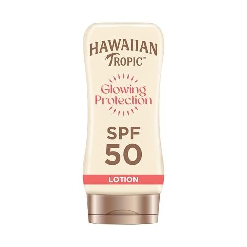 Hawaiian Tropic Glowing Protection Sunscreen Lotion, Water Resistant SPF 50 UVA + UVB Protection Suncream, Tropical Scent Sun Lotion with Shea Butter, 180 ml