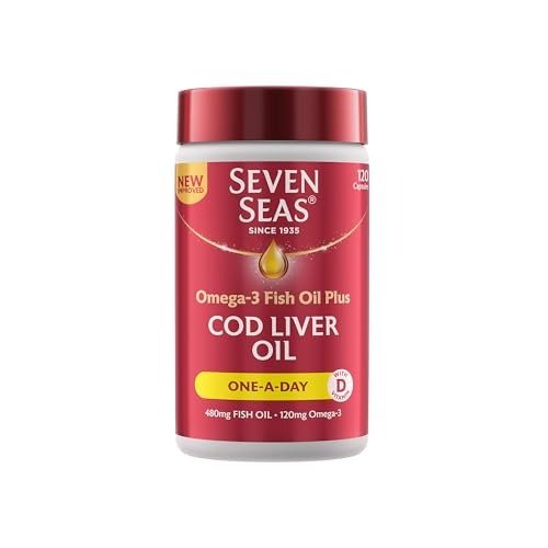 Seven Seas Cod Liver Oil Tablets With Omega-3, Fish Oil, One A Day, 4 Months Supply (120 Capsules), EPA & DHA, With High Strength Vitamin D & A