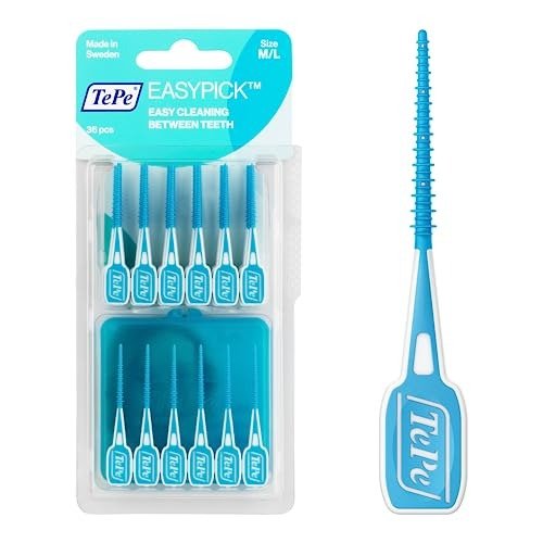 TePe EasyPick Toothpicks, Blue, ISO M-L, 36pcs, plaque remover, efficient clean between the teeth, durable dental picks for small gaps, comes with travel case
