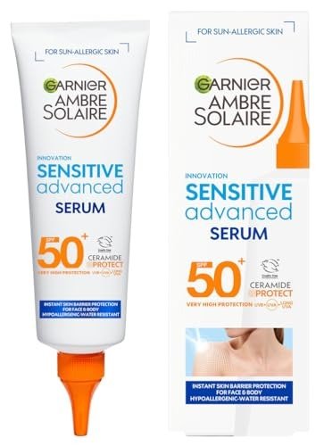 Garnier Ambre Solaire SPF 50+ Sun Protection Serum Face & Body, Non-Sticky, Non-Greasy Fluid Texture, No White Cast, Sensitive Advanced, 125 ml