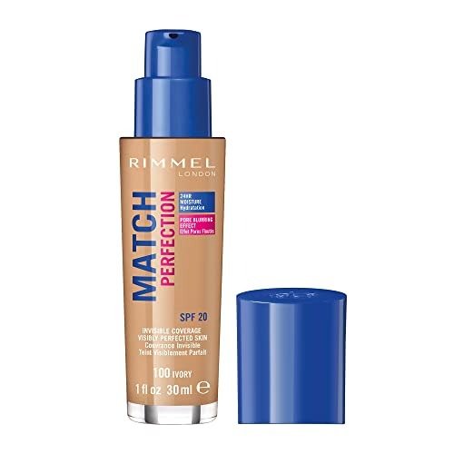 Rimmel Match Perfection Foundation 100 Ivory, Medium Coverage, 24hr Hydration, No Caking or Creasing, Lightweight, Reduces Imperfections, Invisible Coverage, SPF20, Cruelty Free