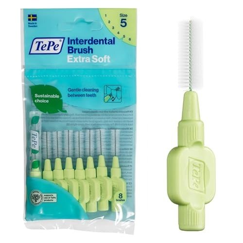 TePe Interdental Brush, Extra Soft, Green, 0.8mm/ISO 5, 8pcs, Plaque Removal, efficient Clean Between The Teeth, Tooth Floss, for Small Gaps