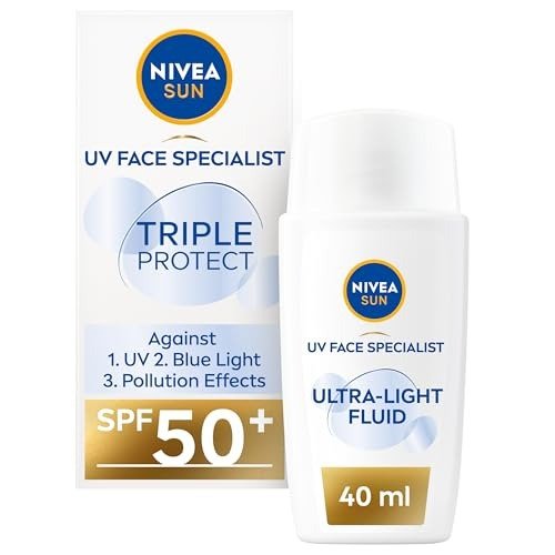 NIVEA SUN Triple Protect Light Sun Fluid SPF50+ (40ml), Face Sun Cream SPF50 with Hyaluron, Protects Against UV, Blue Light and Pollution, Daily Face Sunscreen