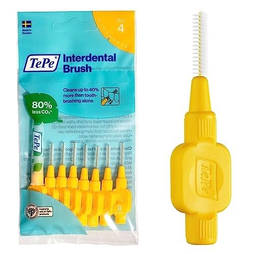 TePe Interdental Brush, Original, Yellow, 0.7mm/ISO 4, 8pcs, efficient Cleaning Between Teeth, Plaque Remover and Dental flosser for Small Gaps