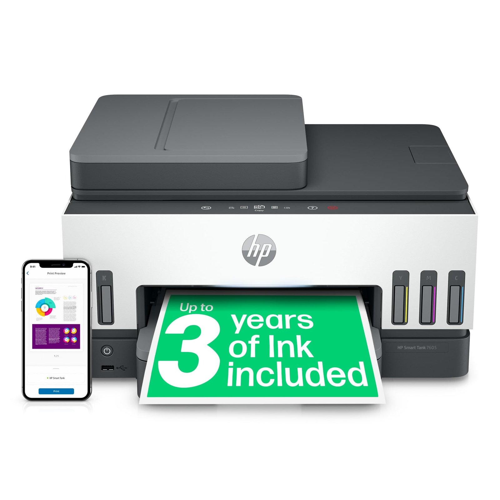 HP Smart Tank 7605 All-in-One Wireless Inkjet Printer, 35 Page Automatic Document Feeder, Grey