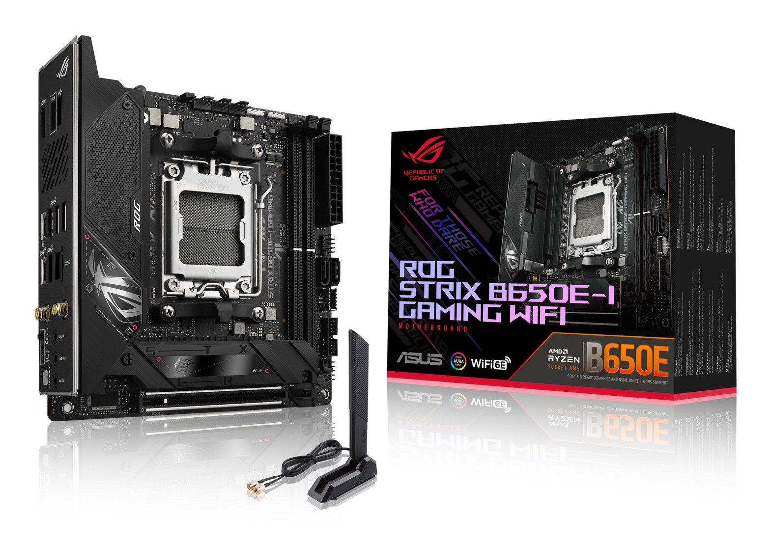 Asus ROG STRIX B650E-I GAMING WIFI, AMD B650, AM5, Mini ITX, 2 DDR5, HDMI, DP Alt Mode, Wi-Fi 6E, 2.5G LAN, PCIe5, 2x M.2