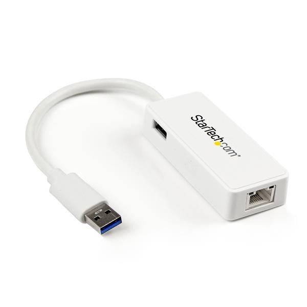 STARTECH.COM USB 3.0 to Gigabit Ethernet Adapter NIC w/ USB Port (White) - USB 3.0 NIC
