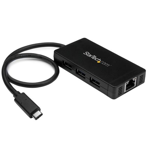 STARTECH.COM 3 Port USB C Hub with Ethernet - USB-C to 3x USB-A w/ Power Adapter & Gigabit Ethernet