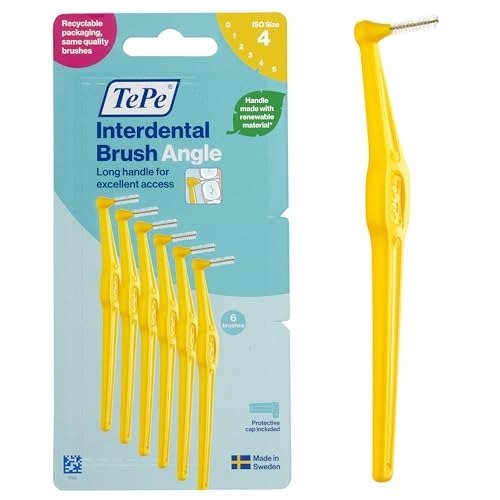 TePe Interdental Brush Angle, Yellow, 0.7mm/ISO 4, 6pcs, Plaque Remover, Easy and efficient Cleaning Between Teeth, Tooth Floss for Small Gaps