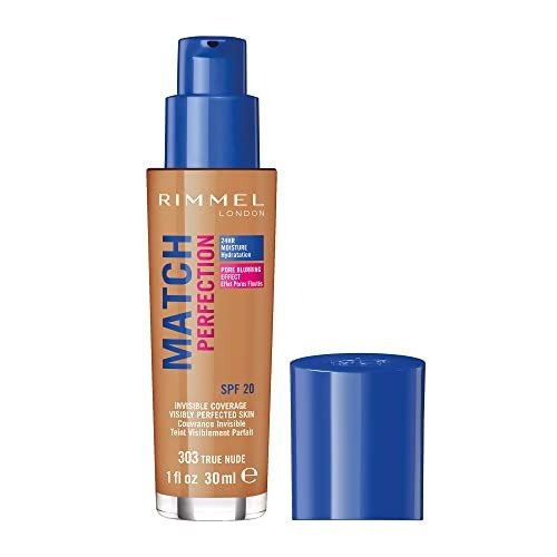 Rimmel Match Perfection Foundation 303 True Nude, Medium Coverage, 24hr Hydration, No Caking or Creasing, Lightweight, Reduces Imperfections, Invisible Coverage, SPF20, Cruelty Free