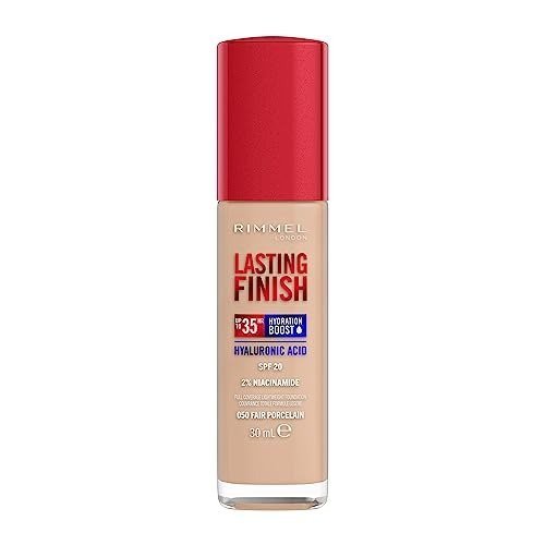 Rimmel Lasting Finish 35Hr Foundation 050 Fair Porcelain, Full Coverage, Hydrating, SPF20, Hyaluronic Acid, Vitamin E, 2% Niacinamide, All Day Wear, Vegan, Cruelty Free