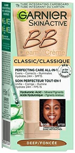Garnier SkinActive Classic Perfecting All-in-1 BB Cream, Shade Classic Deep, Tinted Moisturiser SPF 15, Brightens and Evens Skin, With Hyaluronic Acid, Aloe & Mineral Pigments, 50 ml